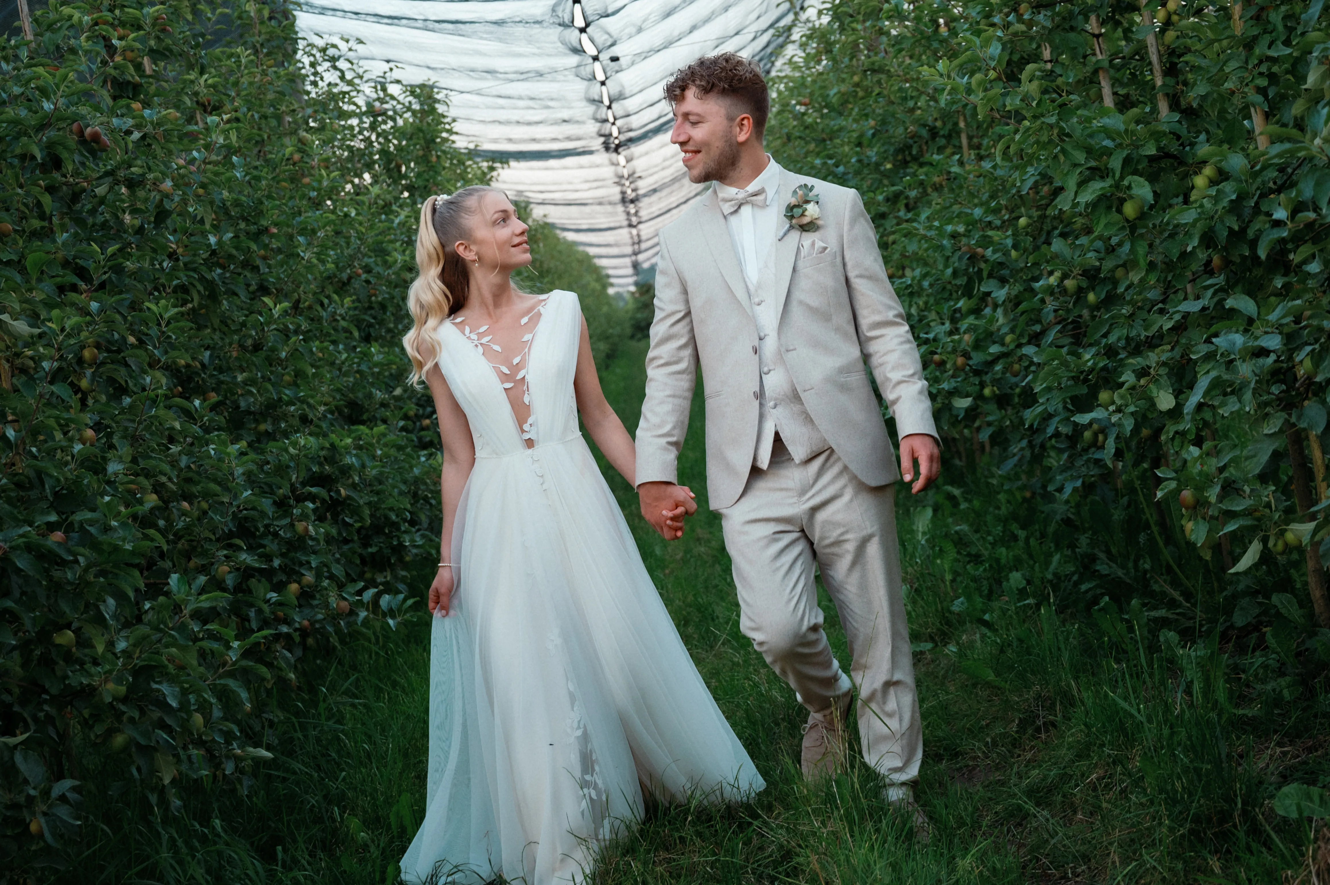 Franziska und Daniel gehen Hand in Hand durch eine Obstplantage und sehen einander an.