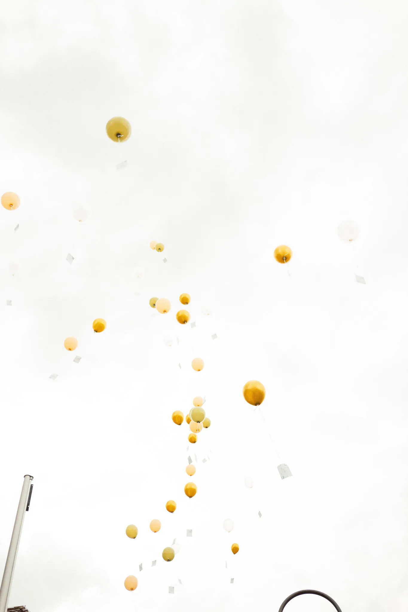 Goldene und weiße Luftballons steigen in den Himmel.