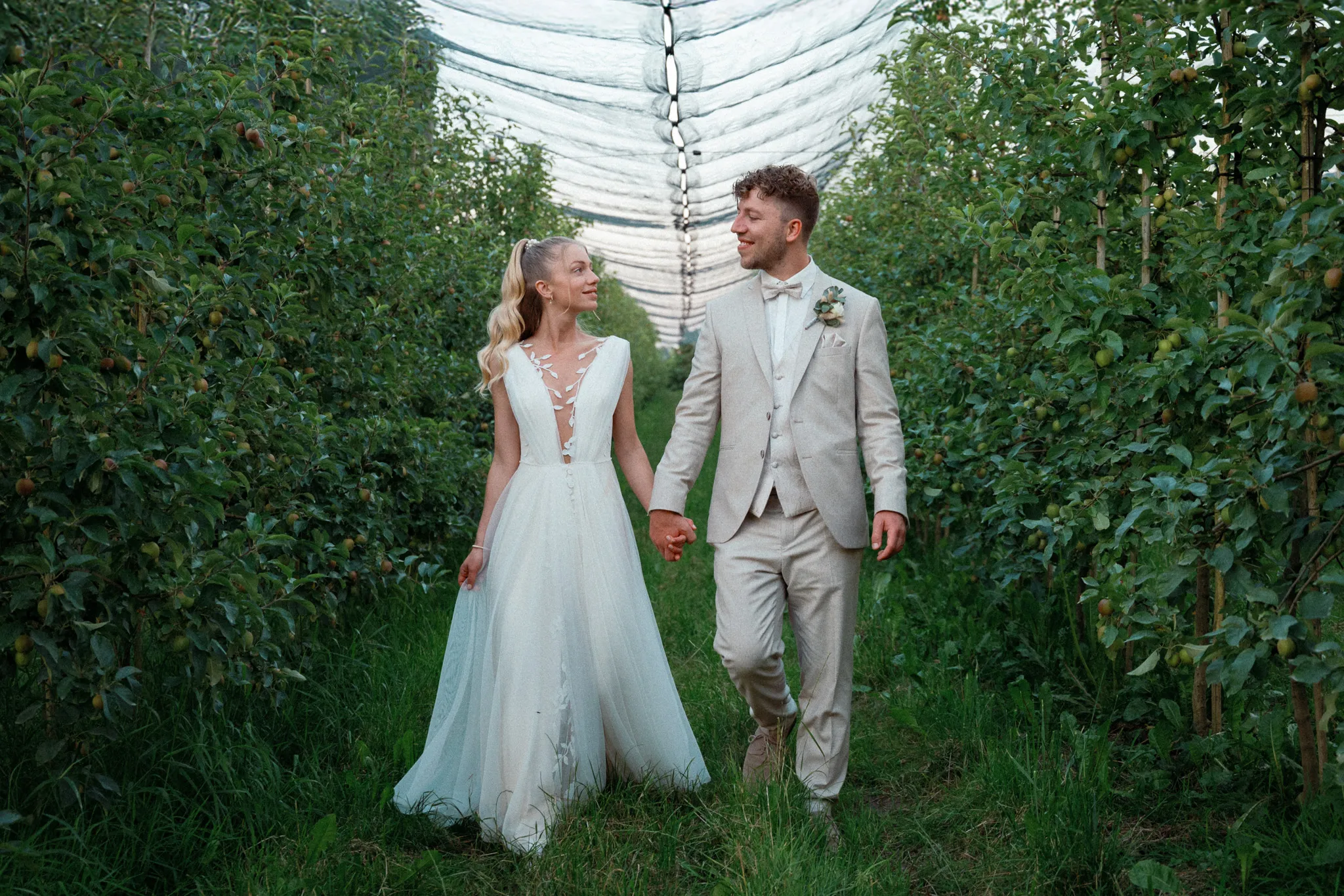 Franziska und Daniel gehen zwischen hohen grünen Pflanzen entlang.